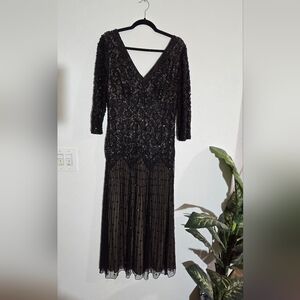 Pisarro Nights Black Gown with V-Neck and 3/4 Sleeves, With Sequins.